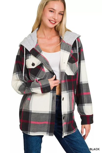 Zenana Plaid Drawstring Hooded Fleece Shacket - Bitsy Gypsy Boutique