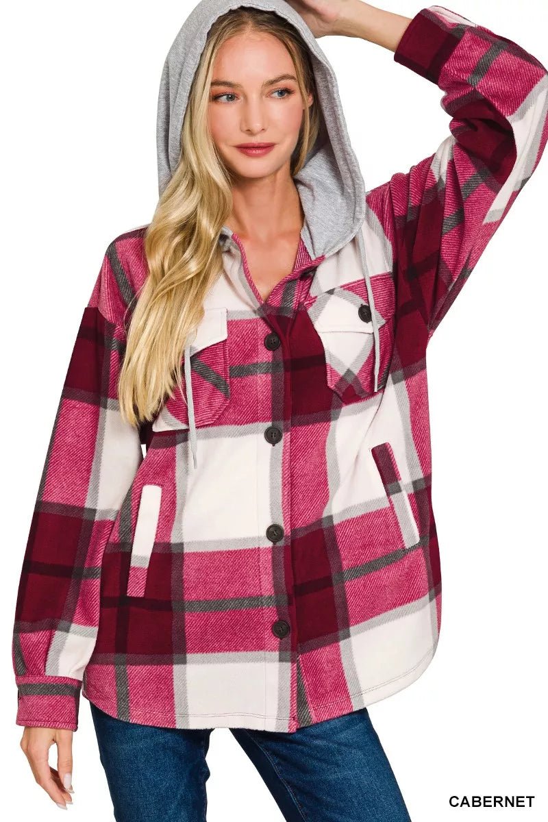 Zenana Plaid Drawstring Hooded Fleece Shacket - Bitsy Gypsy Boutique