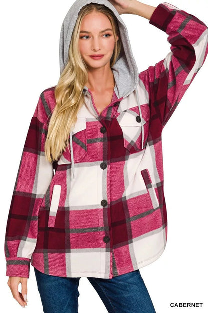 Zenana Plaid Drawstring Hooded Fleece Shacket - Bitsy Gypsy Boutique