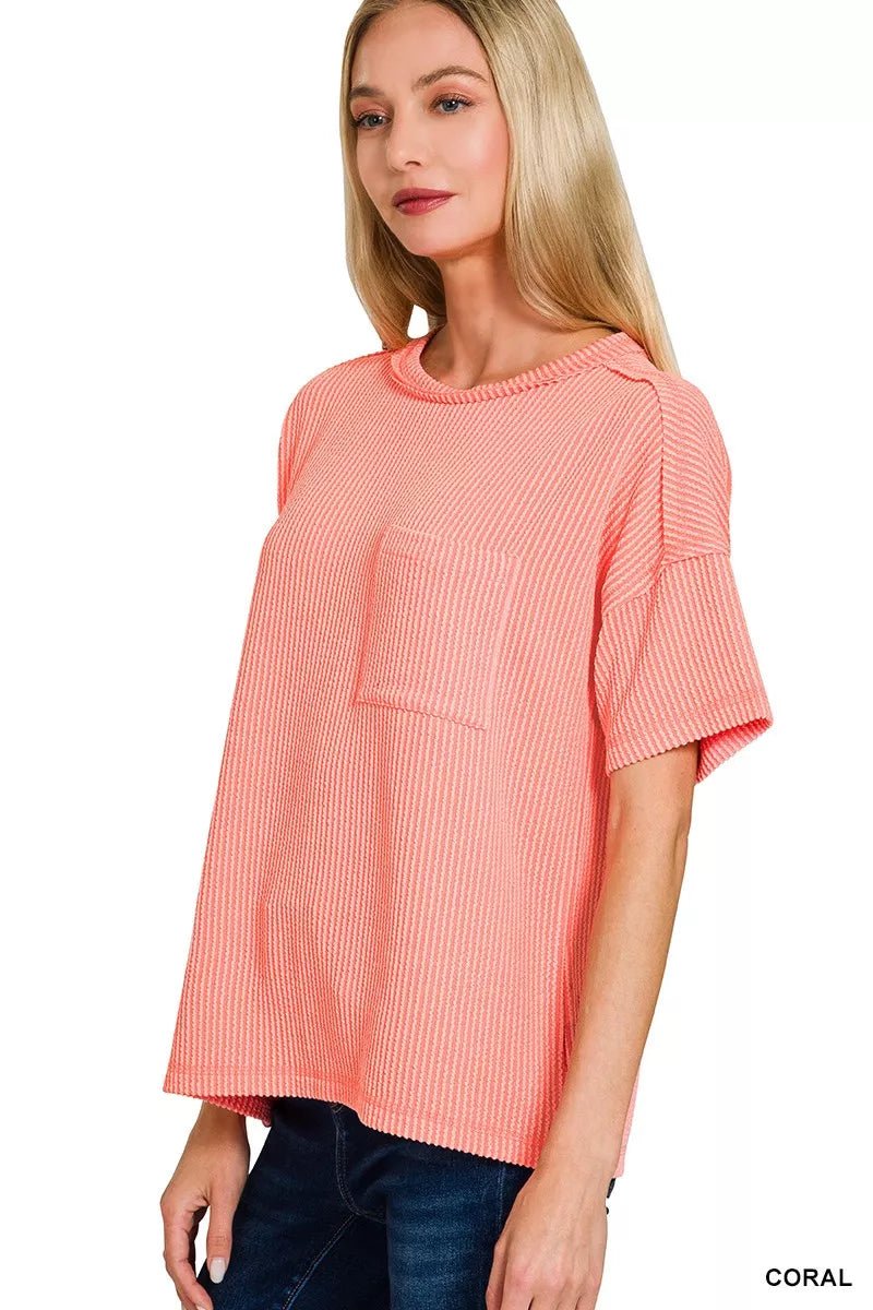 Zenana Raised Rib Exposed Seam Short Sleeve Top - Bitsy Gypsy Boutique