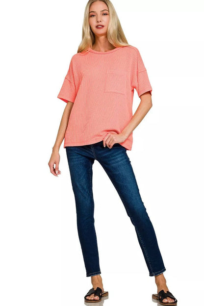Zenana Raised Rib Exposed Seam Short Sleeve Top - Bitsy Gypsy Boutique