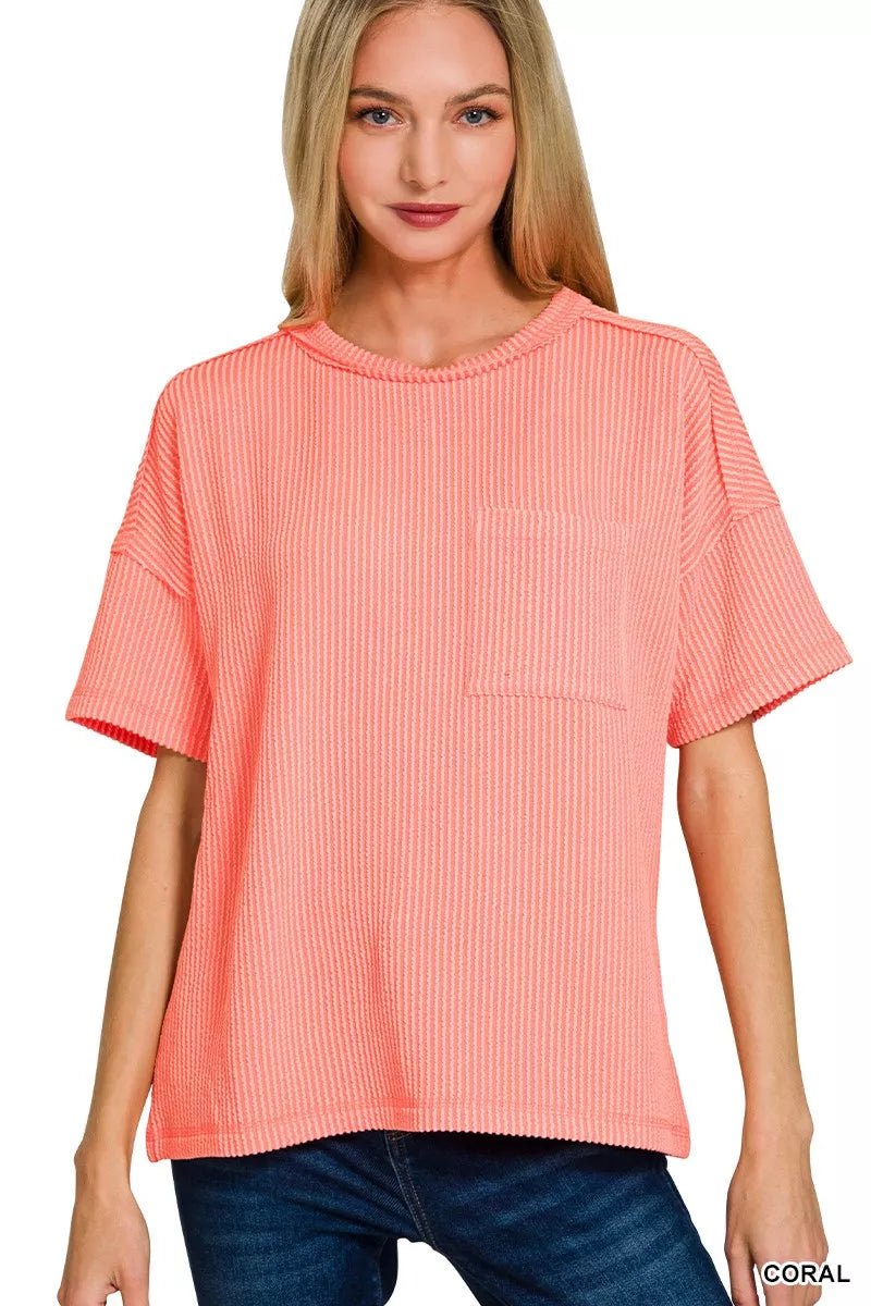 Zenana Raised Rib Exposed Seam Short Sleeve Top - Bitsy Gypsy Boutique