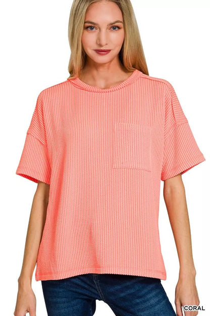 Zenana Raised Rib Exposed Seam Short Sleeve Top - Bitsy Gypsy Boutique