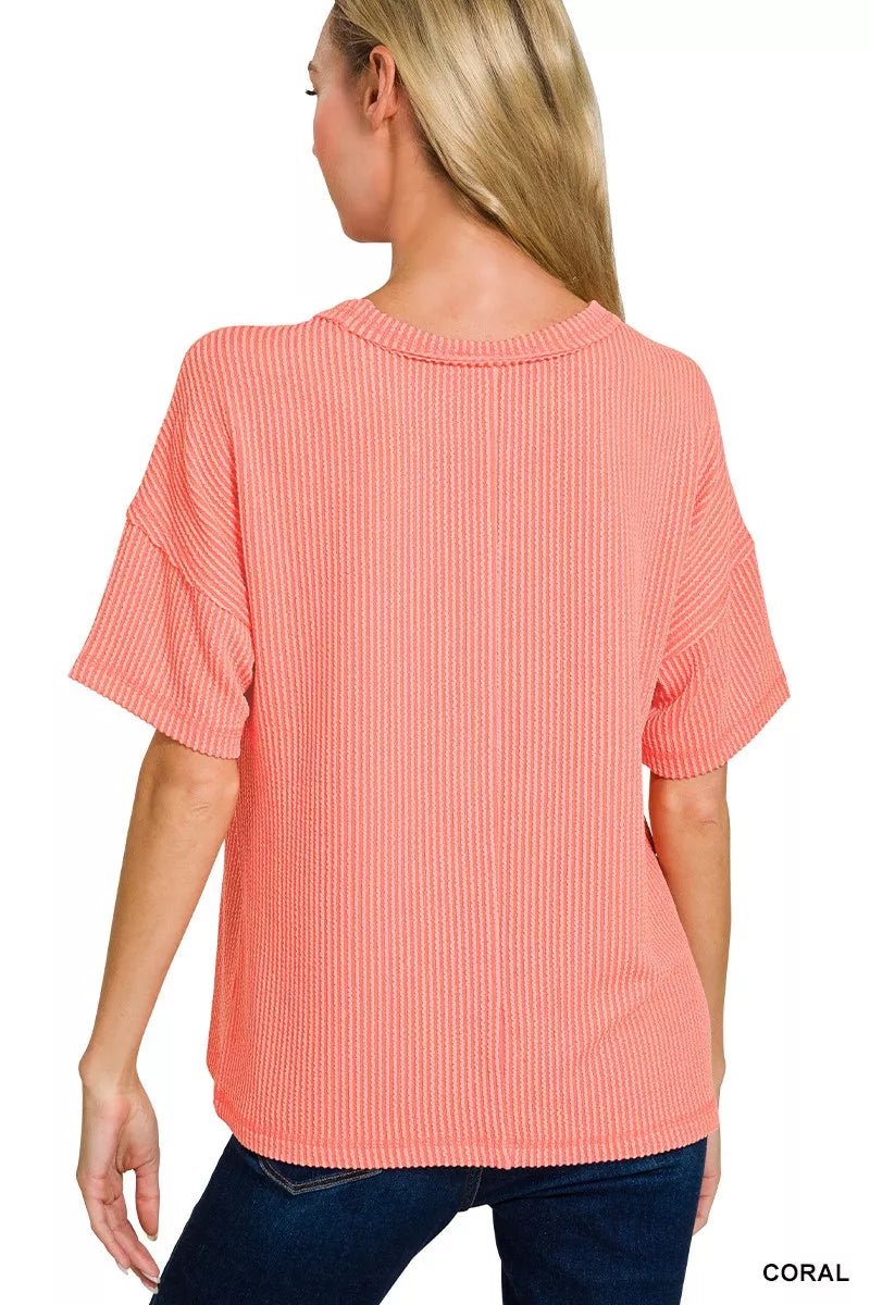 Zenana Raised Rib Exposed Seam Short Sleeve Top - Bitsy Gypsy Boutique