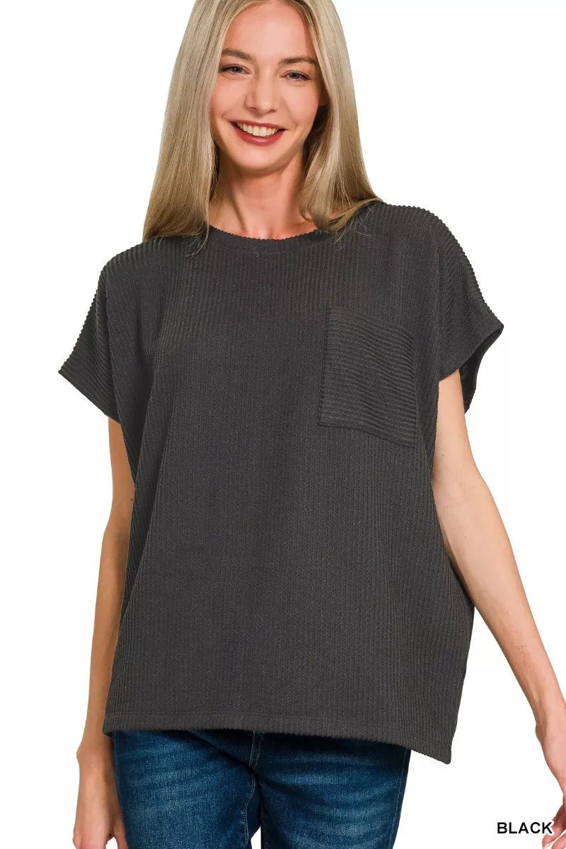 Zenana Raised Rib Front Pocket Boxy Top - Bitsy Gypsy Boutique
