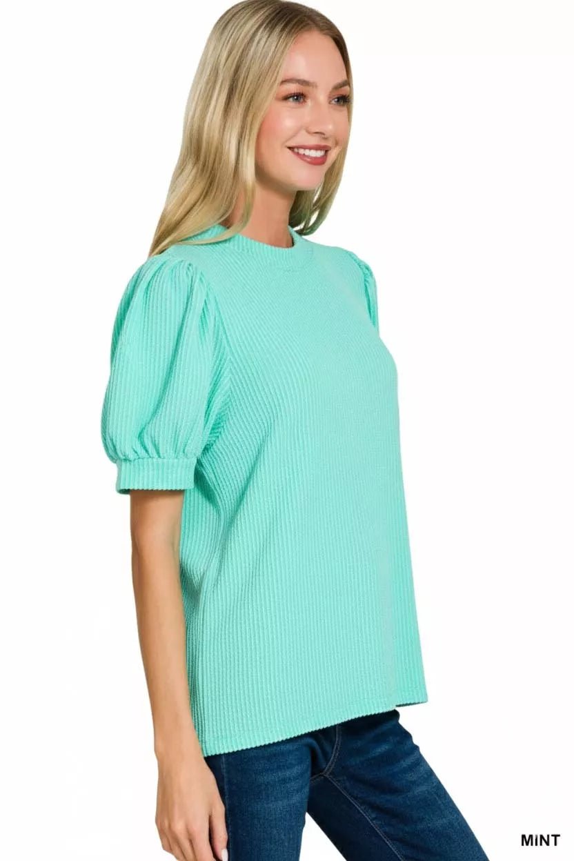 Zenana Raised Rib Puff Sleeve Top - Bitsy Gypsy Boutique