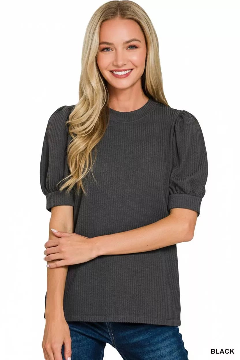 Zenana Raised Rib Puff Sleeve Top - Bitsy Gypsy Boutique