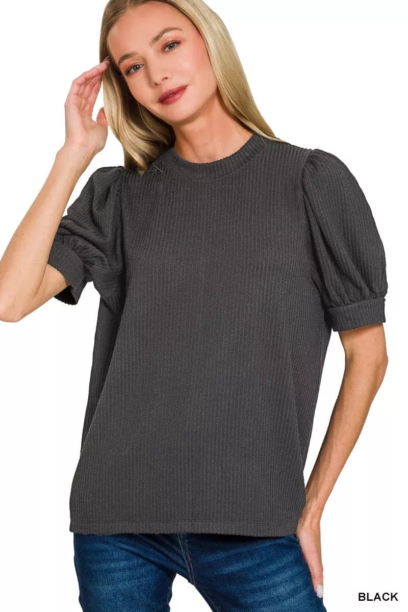 Zenana Raised Rib Puff Sleeve Top - Bitsy Gypsy Boutique