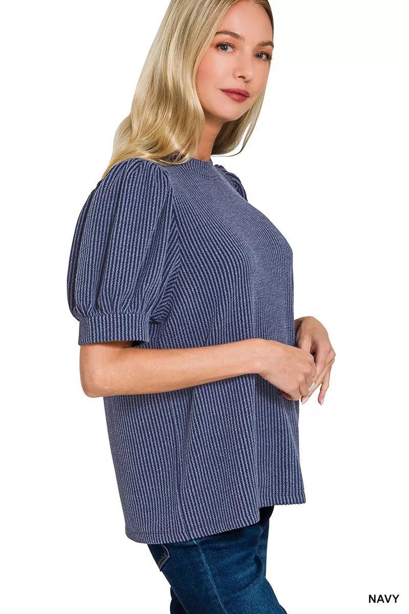 Zenana Raised Rib Puff Sleeve Top - Bitsy Gypsy Boutique