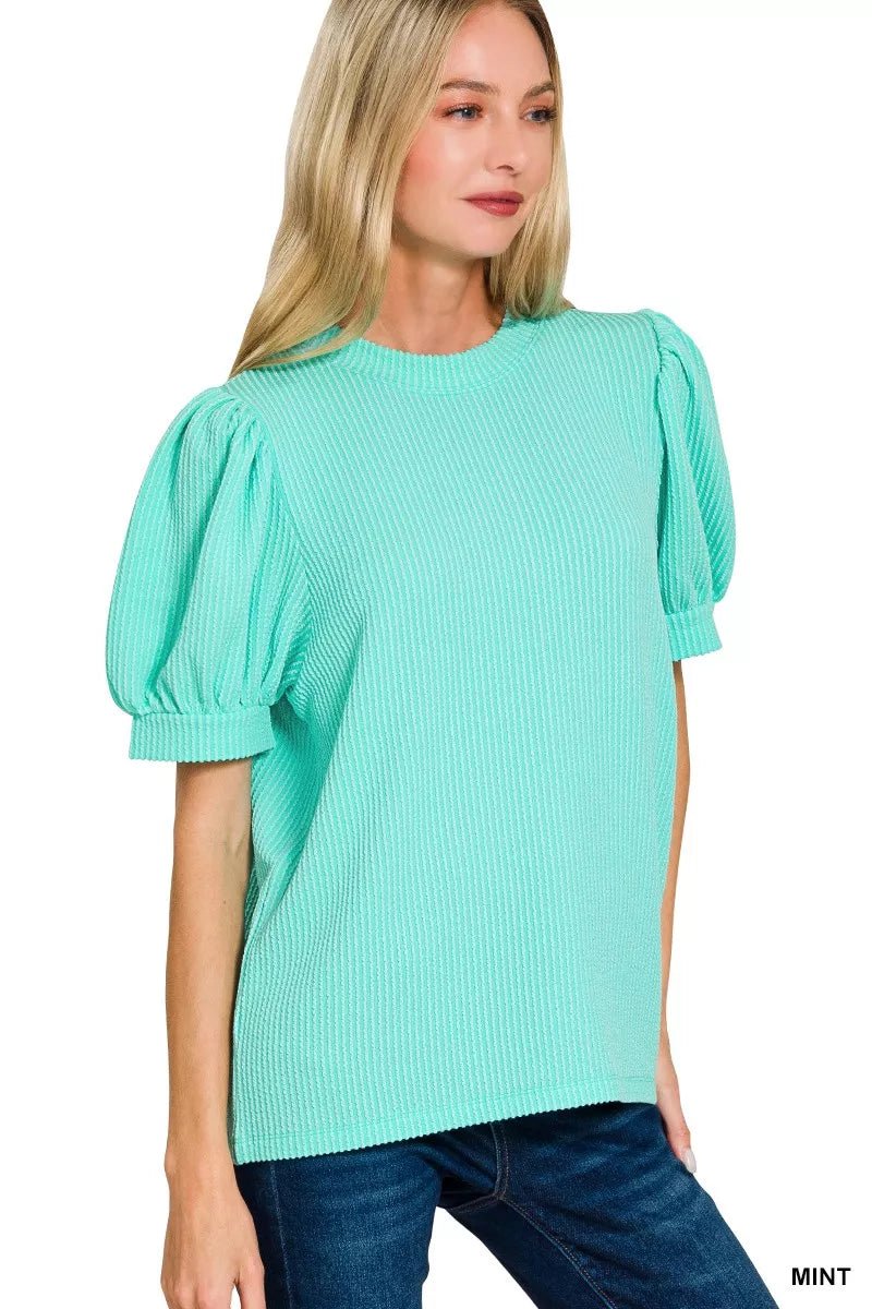 Zenana Raised Rib Puff Sleeve Top - Bitsy Gypsy Boutique