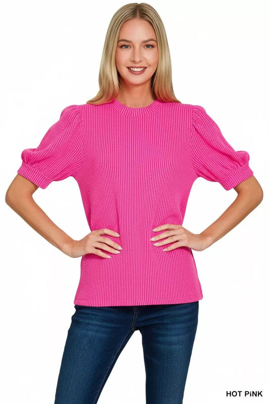 Zenana Raised Rib Puff Sleeve Top - Bitsy Gypsy Boutique