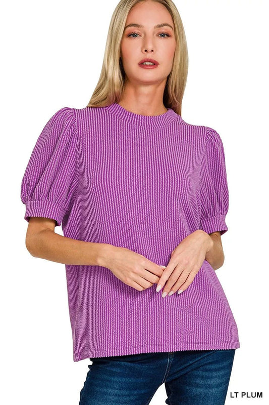 Zenana Raised Rib Puff Sleeve Top - Bitsy Gypsy Boutique