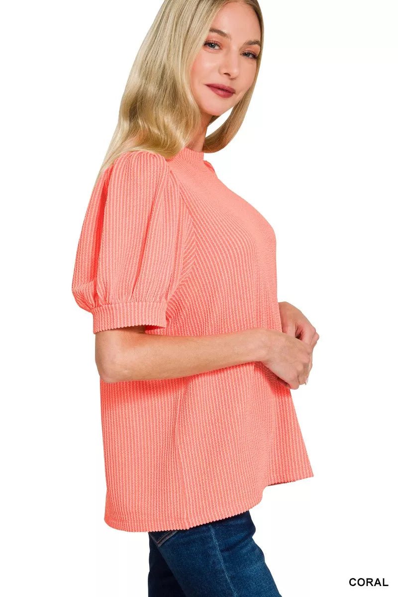 Zenana Raised Rib Puff Sleeve Top - Bitsy Gypsy Boutique