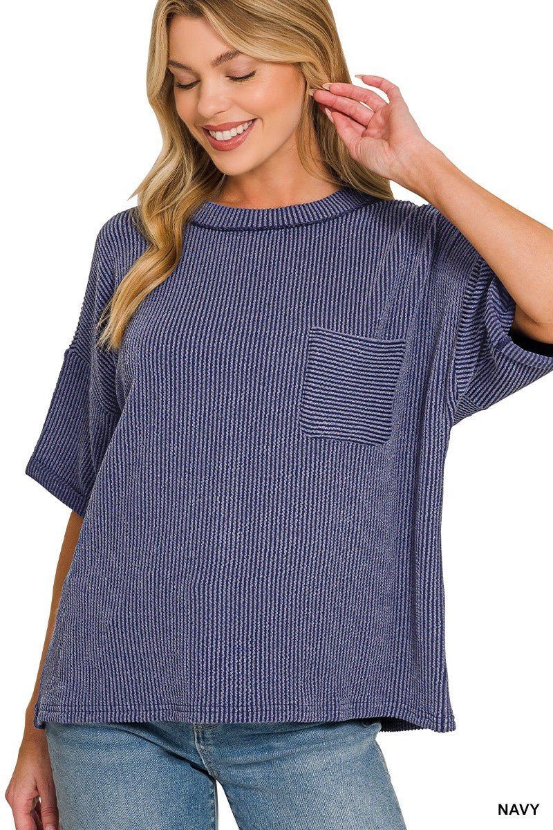 Zenana Raised Rib Short Sleeve Front Pocket Top - Bitsy Gypsy Boutique