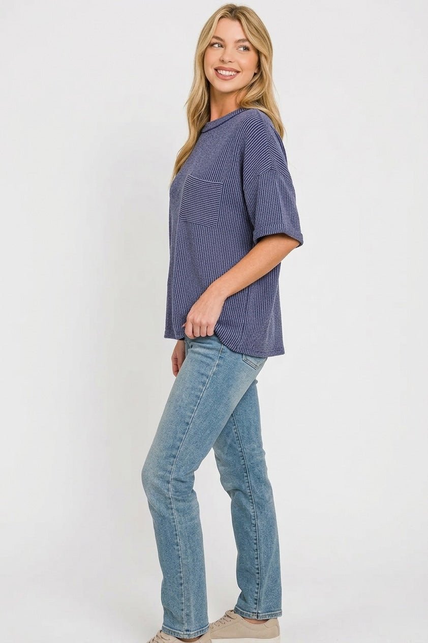 Zenana Raised Rib Short Sleeve Front Pocket Top - Bitsy Gypsy Boutique
