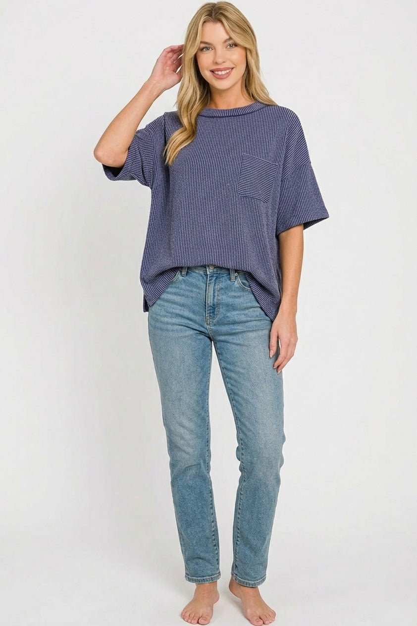 Zenana Raised Rib Short Sleeve Front Pocket Top - Bitsy Gypsy Boutique
