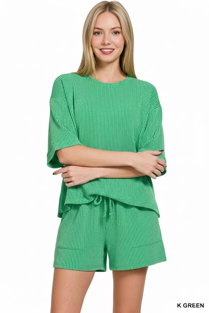 Zenana Raised Rib Short Sleeve Tee and Drawstring Shorts Set - Bitsy Gypsy Boutique