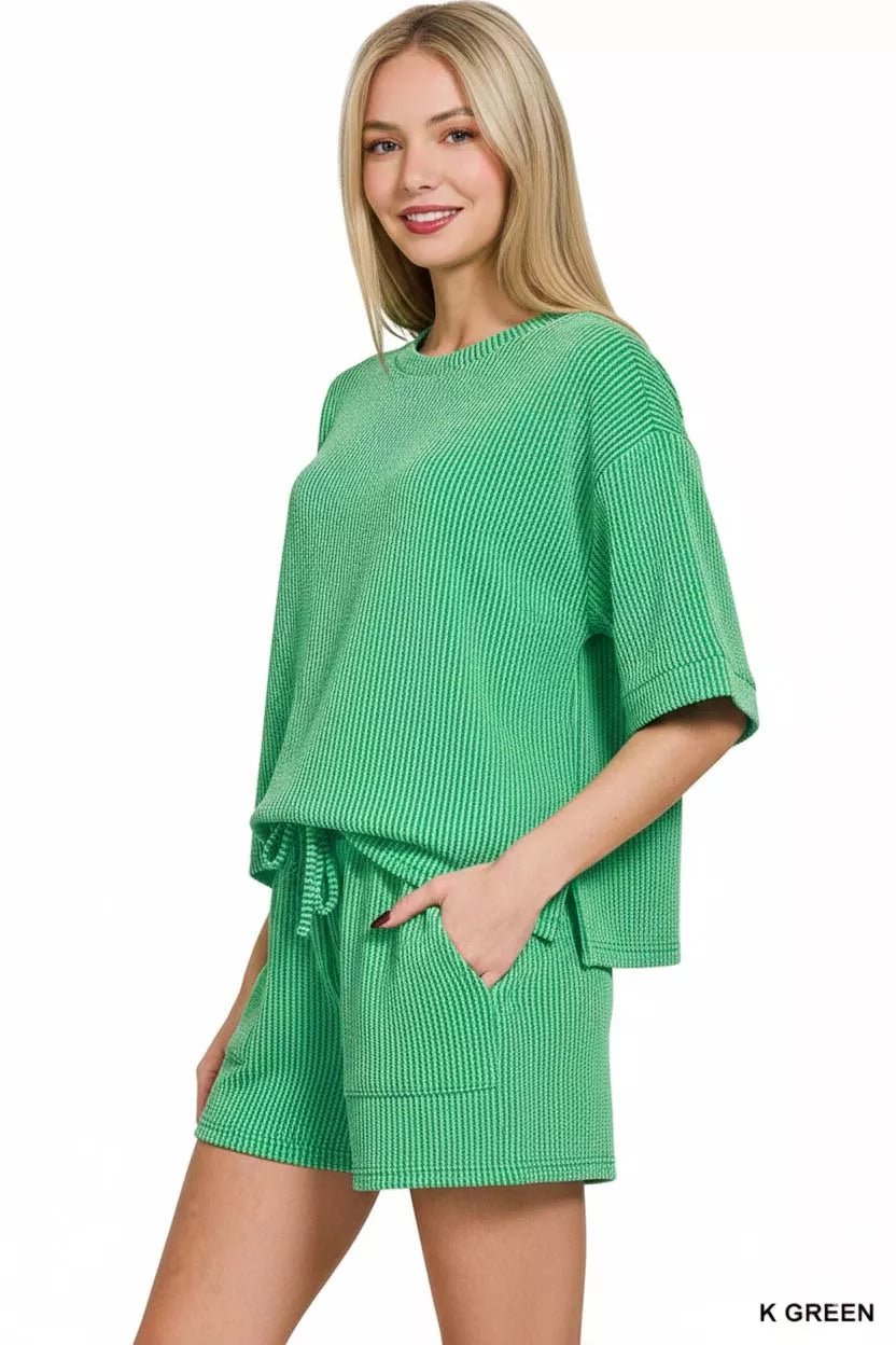 Zenana Raised Rib Short Sleeve Tee and Drawstring Shorts Set - Bitsy Gypsy Boutique