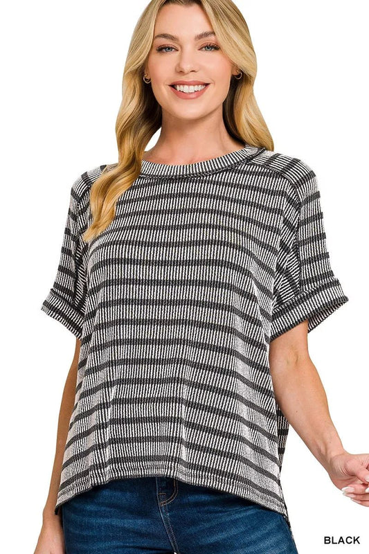 Zenana Raised Rib Striped Exposed Seam Top - Bitsy Gypsy Boutique