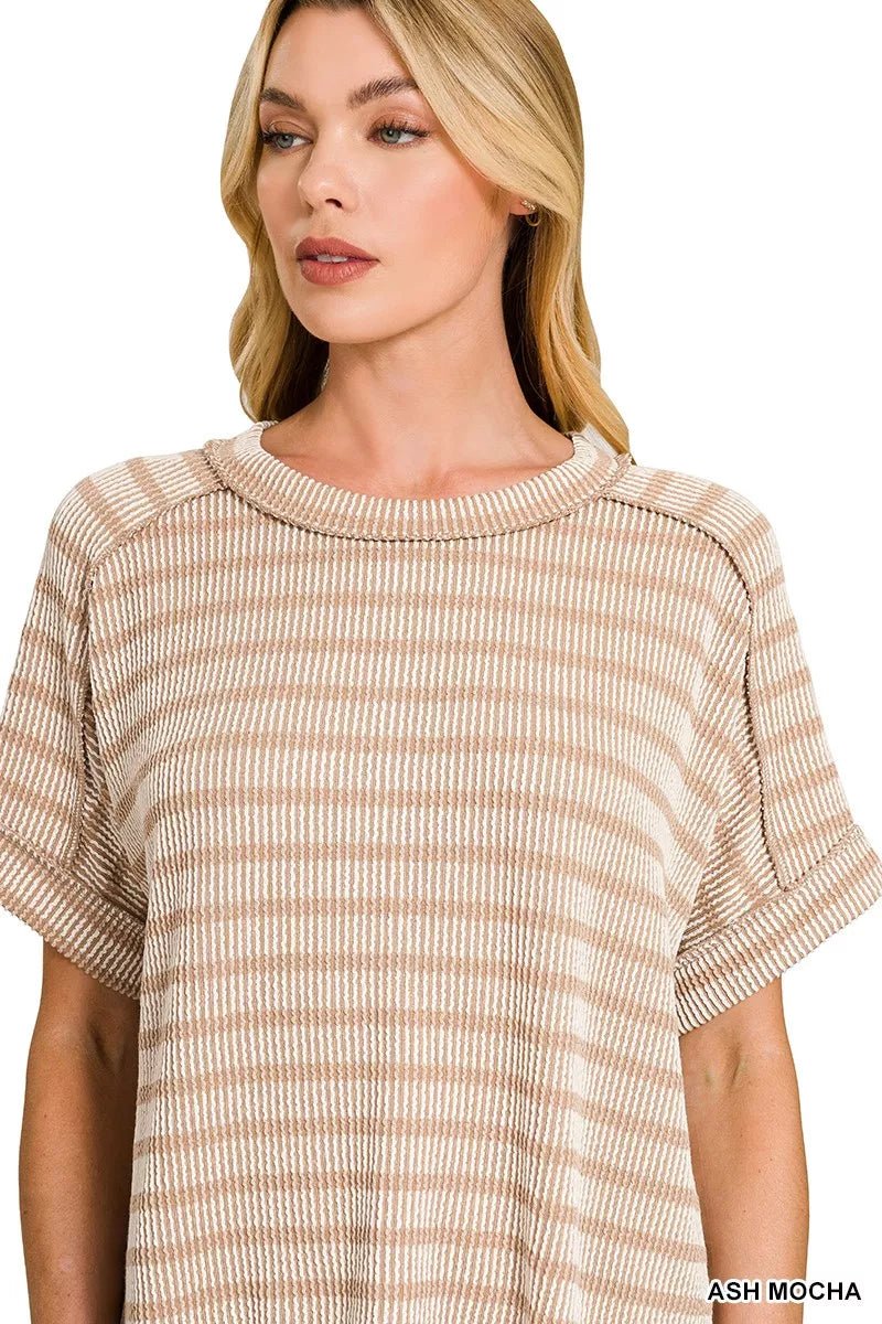 Zenana Raised Rib Striped Exposed Seam Top - Bitsy Gypsy Boutique