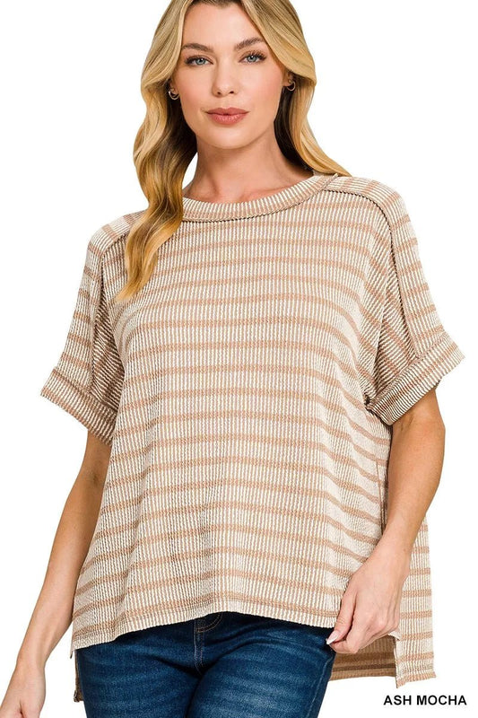 Zenana Raised Rib Striped Exposed Seam Top - Bitsy Gypsy Boutique