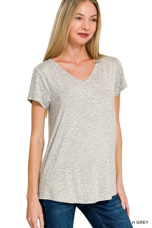 Zenana Rayon Short Sleeve V - neck Round Hem Top - Bitsy Gypsy Boutique