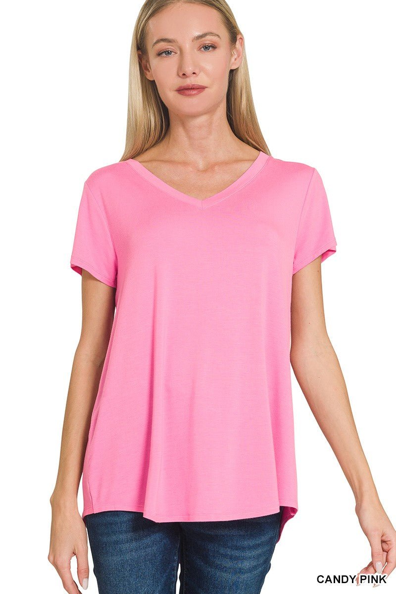 Zenana Rayon Short Sleeve V - neck Round Hem Top - Bitsy Gypsy Boutique