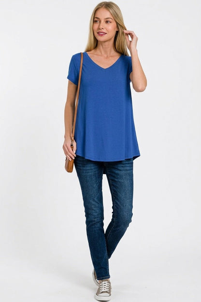 Zenana Rayon Short Sleeve V - neck Round Hem Top - Bitsy Gypsy Boutique
