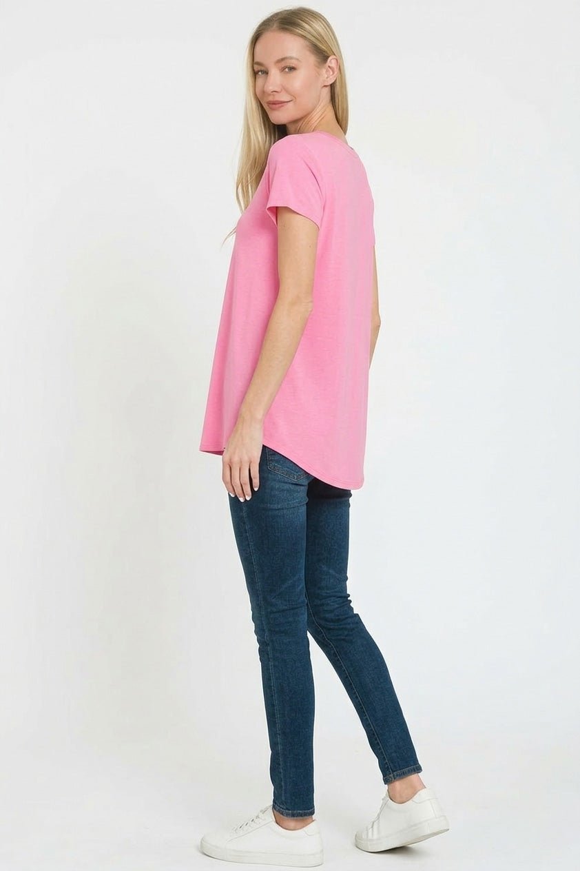 Zenana Rayon Short Sleeve V - neck Round Hem Top - Bitsy Gypsy Boutique