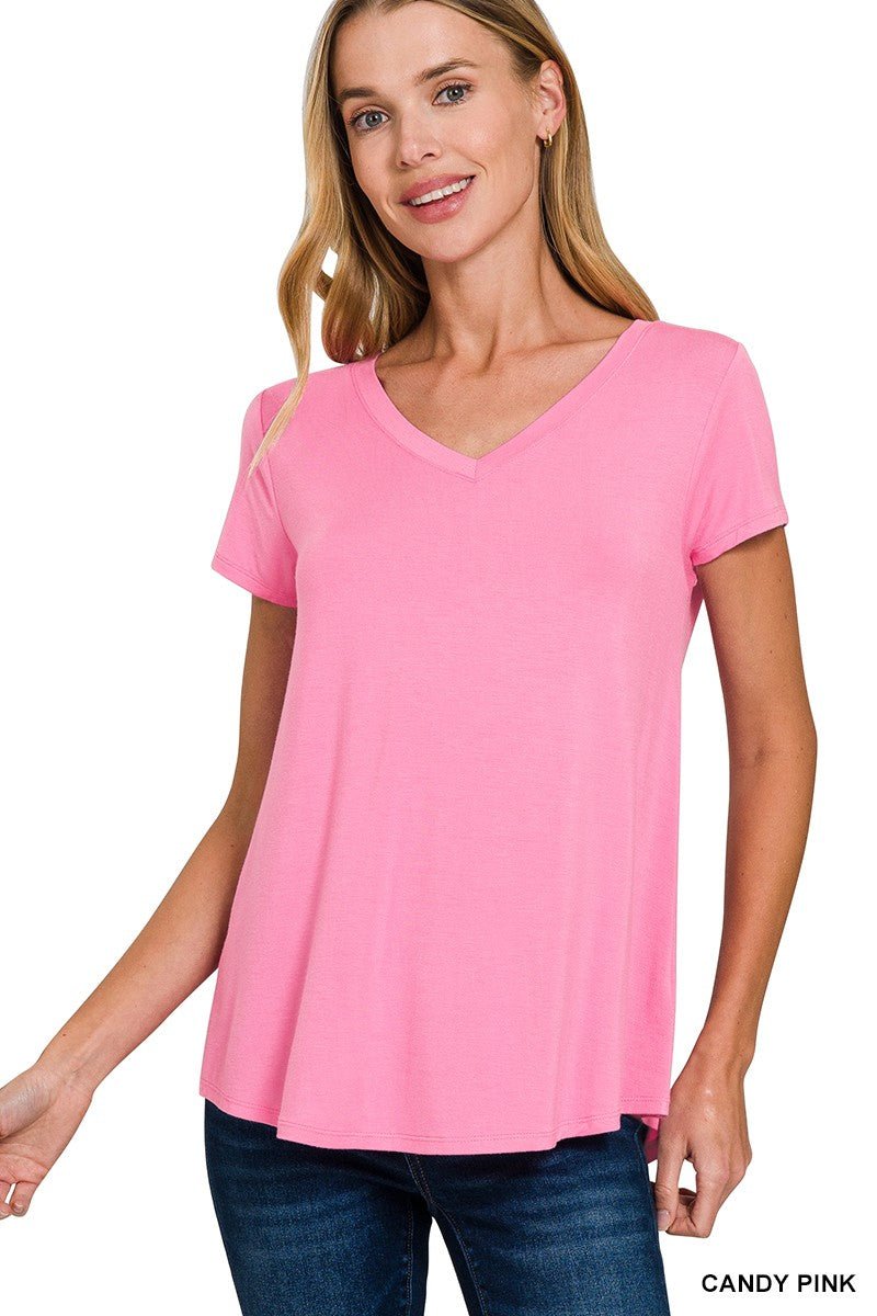 Zenana Rayon Short Sleeve V - neck Round Hem Top - Bitsy Gypsy Boutique