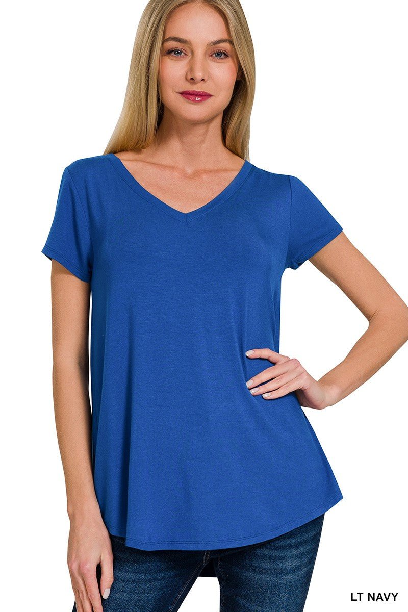 Zenana Rayon Short Sleeve V - neck Round Hem Top - Bitsy Gypsy Boutique