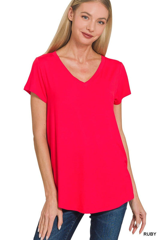 Zenana Rayon Short Sleeve V - neck Round Hem Top - Bitsy Gypsy Boutique