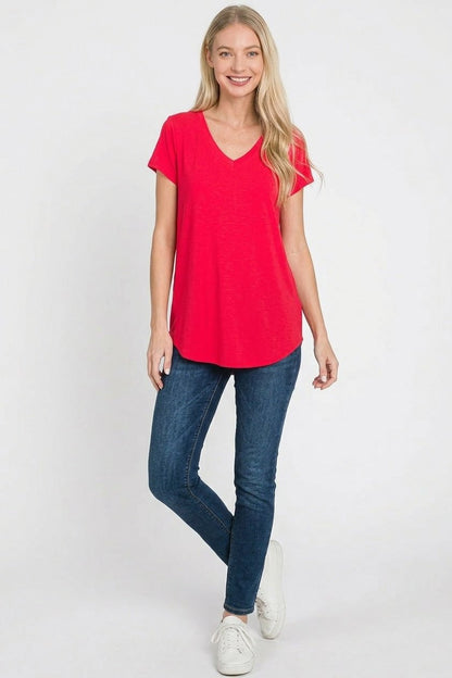 Zenana Rayon Short Sleeve V - neck Round Hem Top - Bitsy Gypsy Boutique