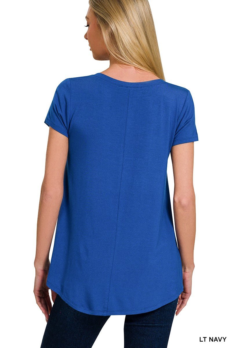 Zenana Rayon Short Sleeve V - neck Round Hem Top - Bitsy Gypsy Boutique