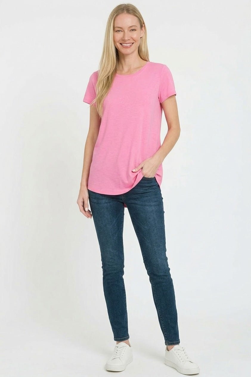 Zenana Rayon Short Sleeve V - neck Round Hem Top - Bitsy Gypsy Boutique