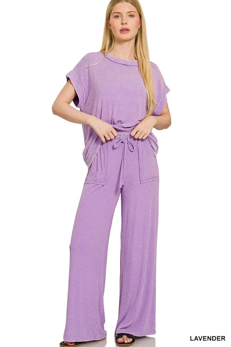 Zenana Ribbed Acid Wash Rayon Top & Pants Set - Bitsy Gypsy Boutique