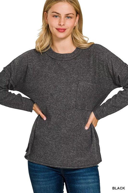 Zenana Ribbed Brushed Melange Hacci Sweater with Chest Pocket - Bitsy Gypsy Boutique