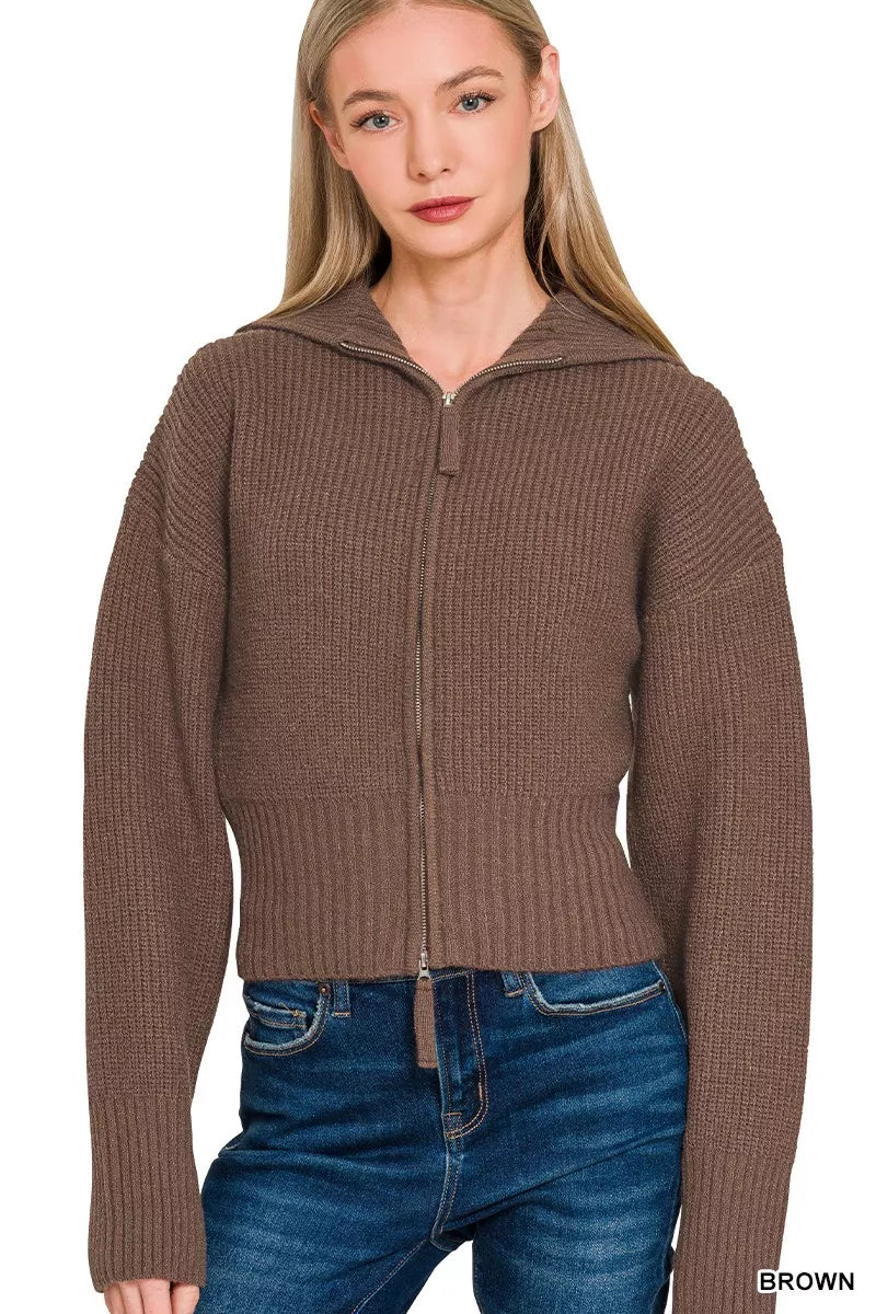 Zenana Ribbed Collared Zip Up Sweater Cardigan - Bitsy Gypsy Boutique