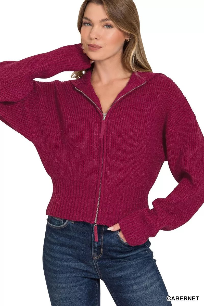 Zenana Ribbed Collared Zip Up Sweater Cardigan - Bitsy Gypsy Boutique