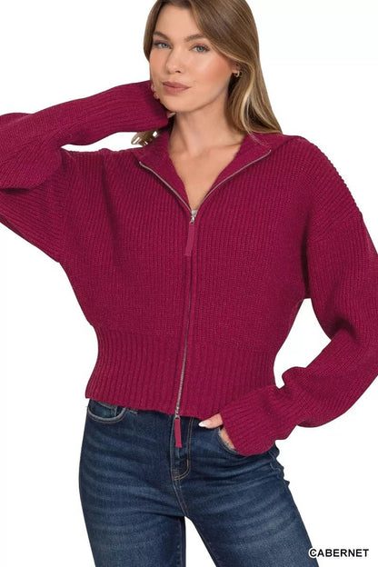 Zenana Ribbed Collared Zip Up Sweater Cardigan - Bitsy Gypsy Boutique