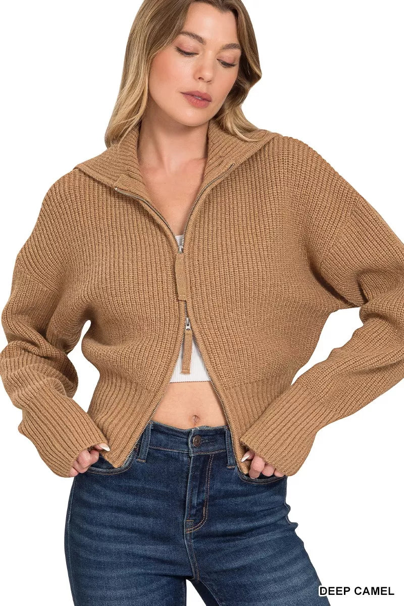 Zenana Ribbed Collared Zip Up Sweater Cardigan - Bitsy Gypsy Boutique