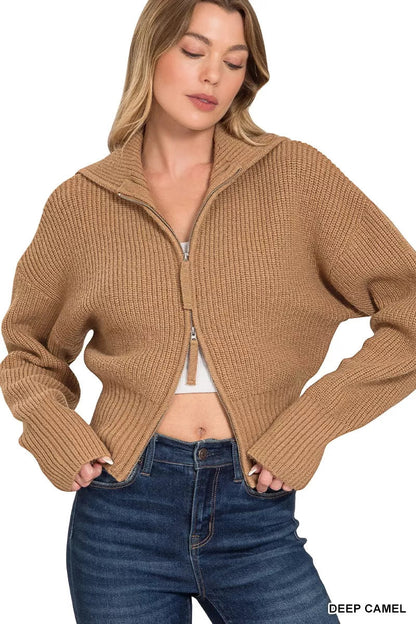 Zenana Ribbed Collared Zip Up Sweater Cardigan - Bitsy Gypsy Boutique
