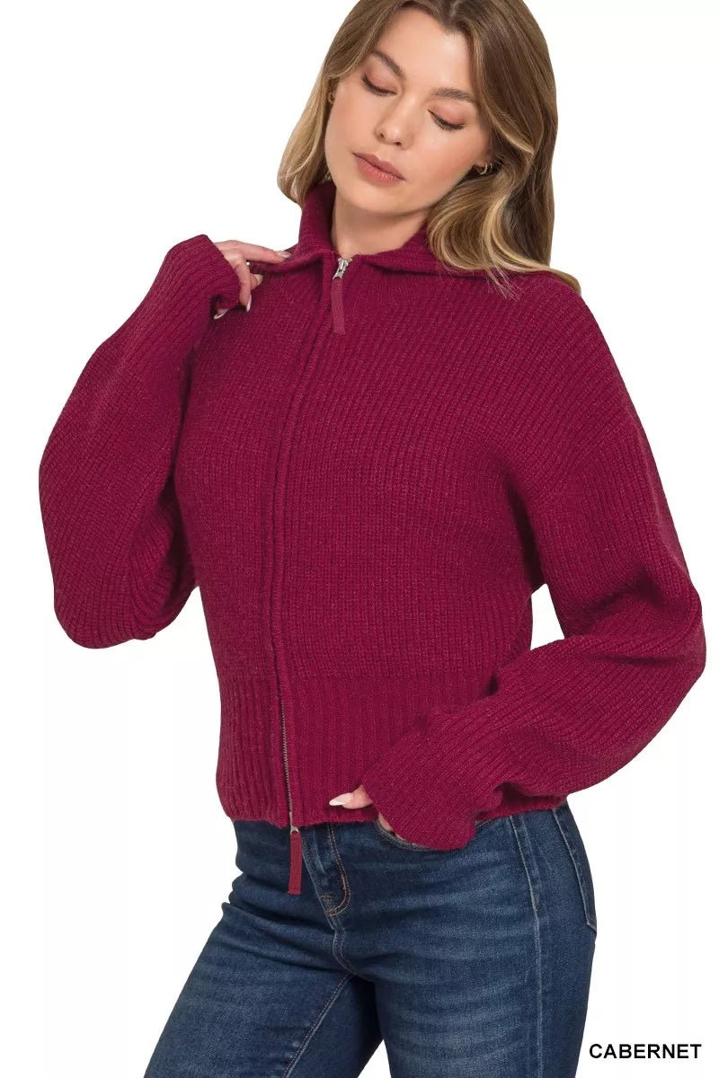Zenana Ribbed Collared Zip Up Sweater Cardigan - Bitsy Gypsy Boutique