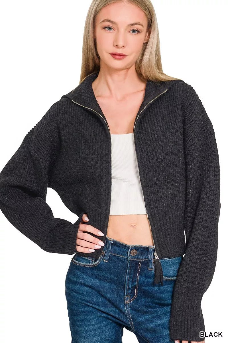 Zenana Ribbed Collared Zip Up Sweater Cardigan - Bitsy Gypsy Boutique