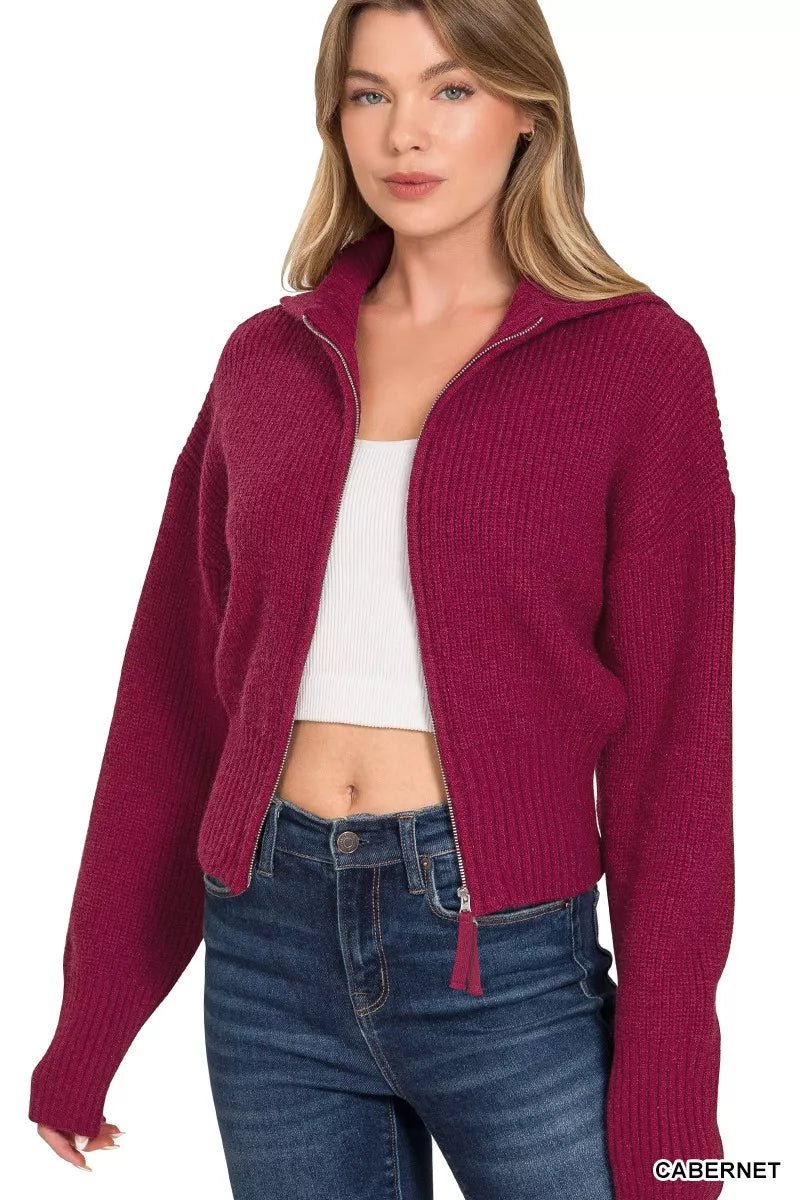 Zenana Ribbed Collared Zip Up Sweater Cardigan - Bitsy Gypsy Boutique
