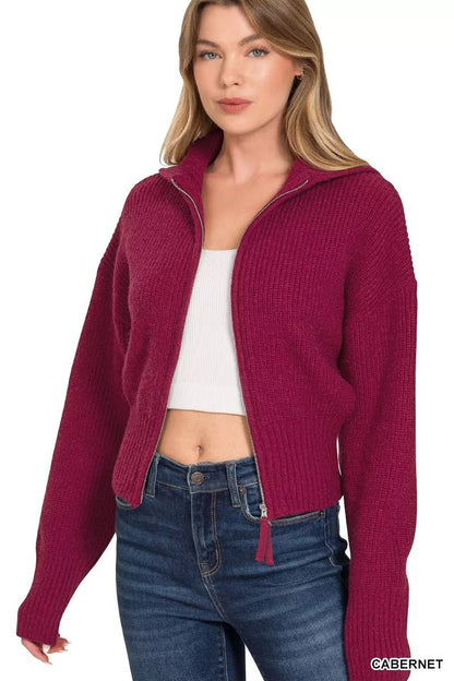 Zenana Ribbed Collared Zip Up Sweater Cardigan - Bitsy Gypsy Boutique