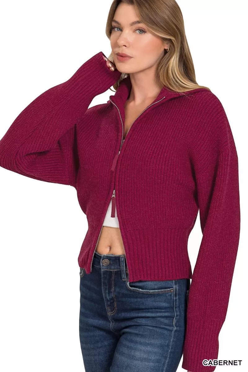 Zenana Ribbed Collared Zip Up Sweater Cardigan - Bitsy Gypsy Boutique