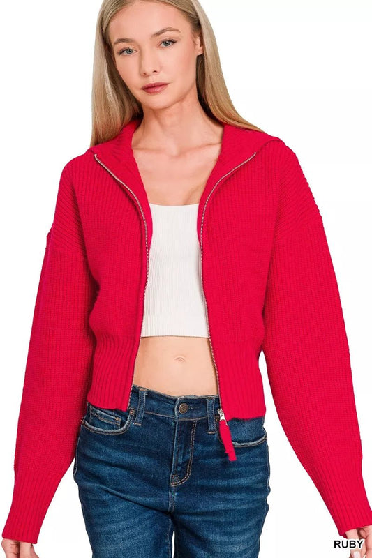 Zenana Ribbed Collared Zip Up Sweater Cardigan - Bitsy Gypsy Boutique