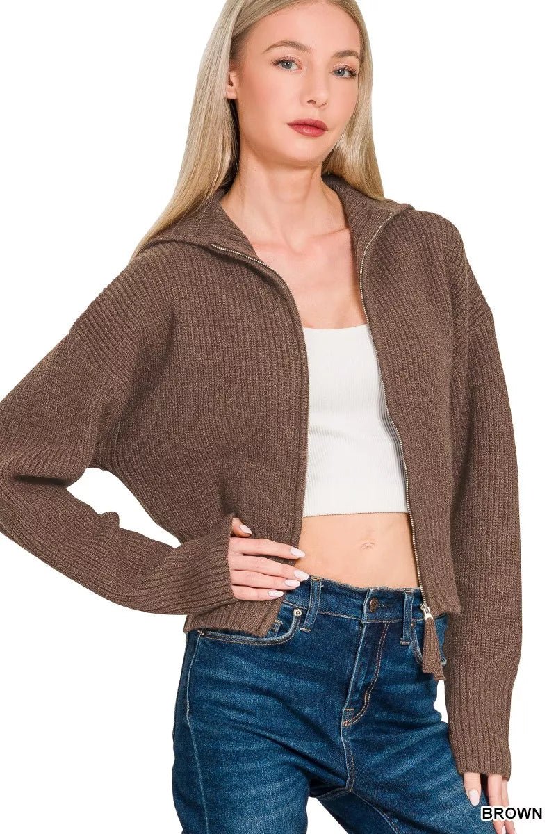 Zenana Ribbed Collared Zip Up Sweater Cardigan - Bitsy Gypsy Boutique