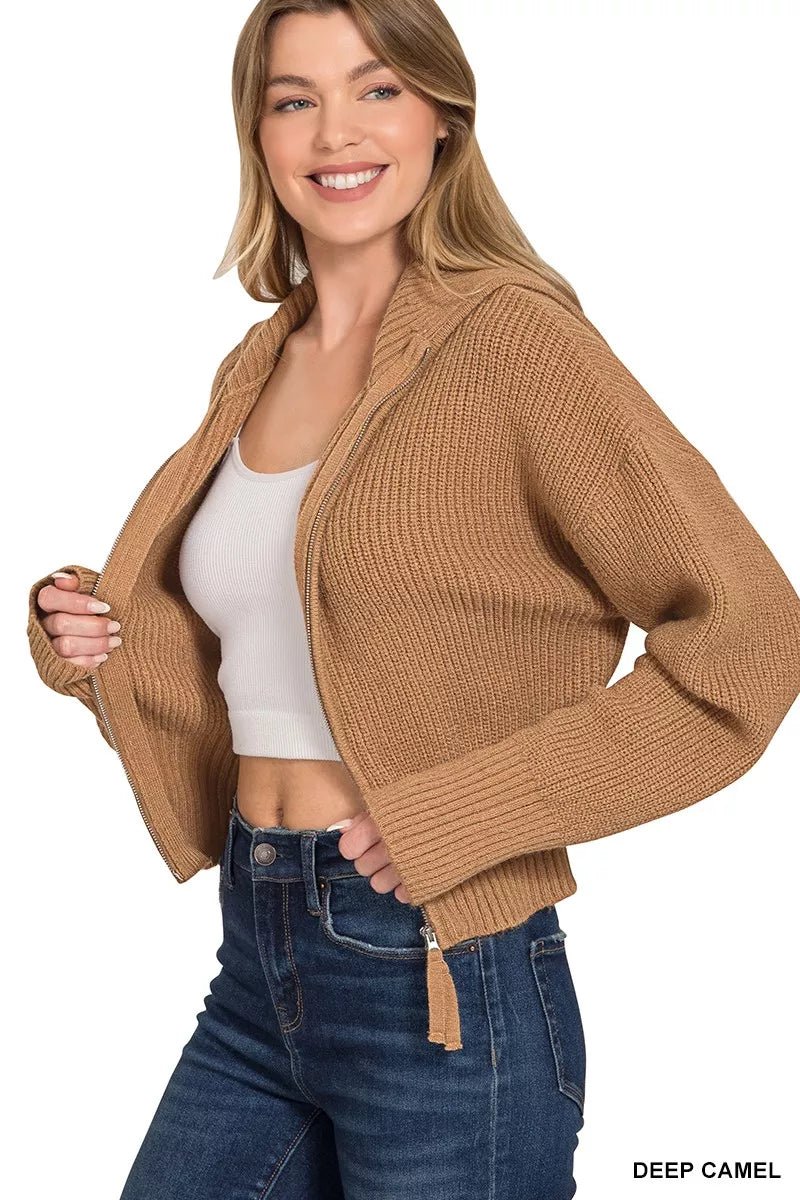 Zenana Ribbed Collared Zip Up Sweater Cardigan - Bitsy Gypsy Boutique
